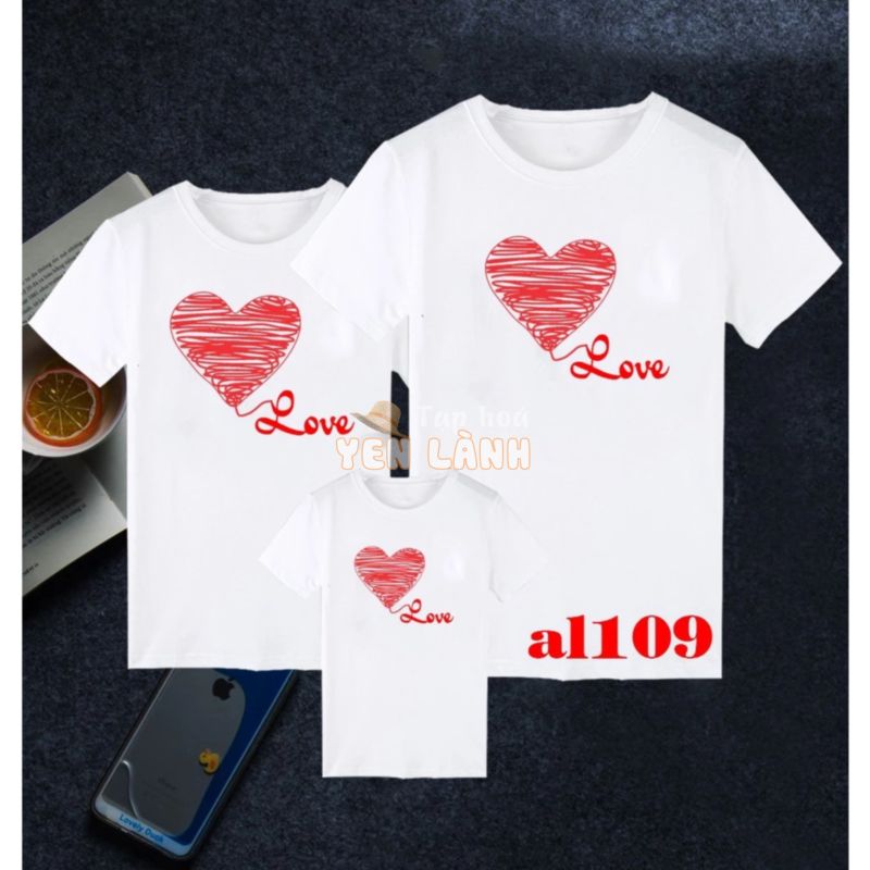 Áo thun gia đình 3 người in trái tim vẽ nét chữ love – KTQN TSHIRT AND UNIFORM