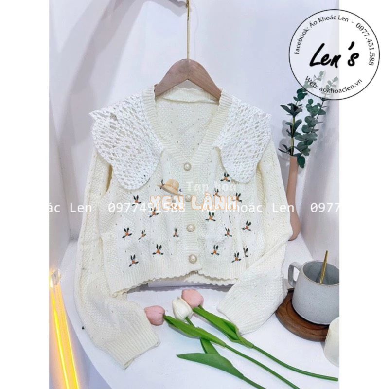 Áo Khoác Len Nữ Cardigan Thêu Hoa Nhí Cổ Bèo Ren