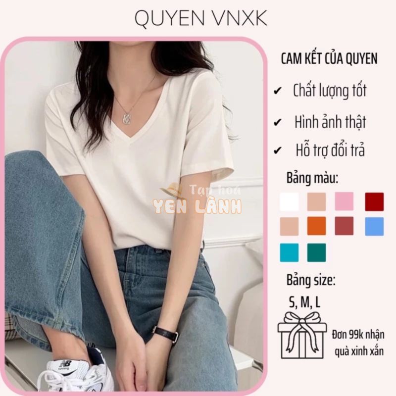 Áo Phông Nữ Cổ Tim VNXK, Áo Thun Trơn Cotton Đẹp, Dễ Mặc Dễ Phối Đồ, Phù Hợp 4 Mùa