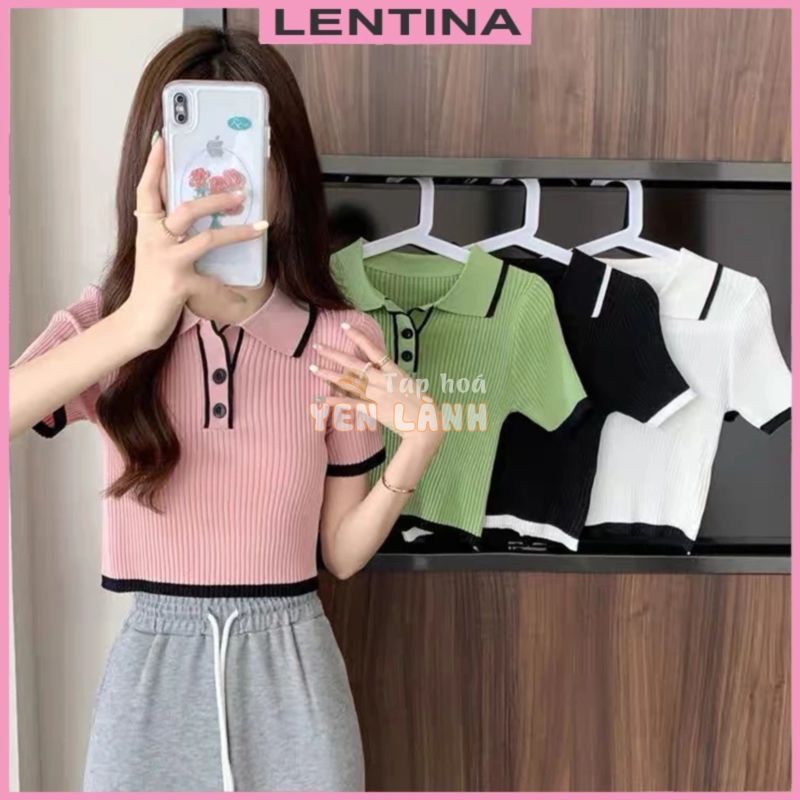 Áo polo croptop kiểu len gân nữ tay ngắn dáng ôm body cổ bẻ dệt kim thời trang phong cách Hàn Quốc trẻ trung