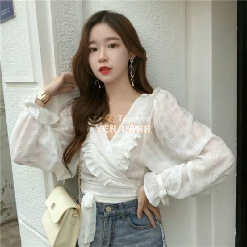 Áo sơ mi ren đáp chéo cổ bèo chữ V ulzzang phong cach Hàn