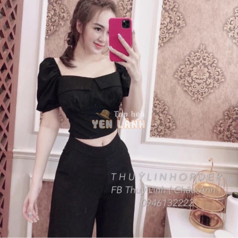 [HOT] Set trang phục áo cổ vuông tay bồng croptop phối quần ống rộng xinh xinh