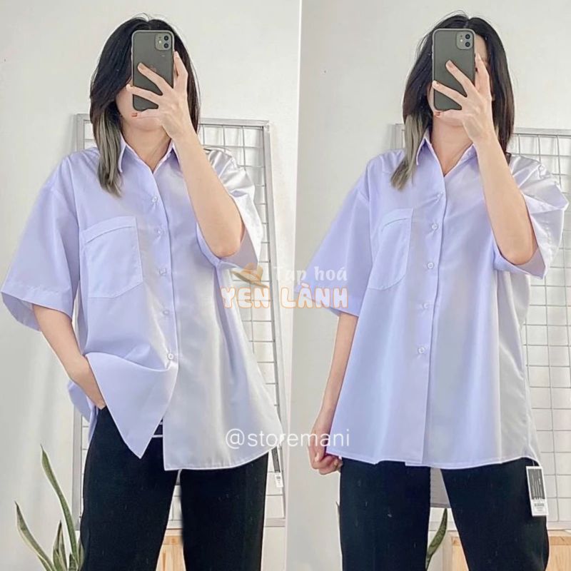 Áo sơ mi nữ form rộng tay ngắn lỡ kiểu dáng basic màu trắng dáng suông style đi học sinh viên có túi ngực