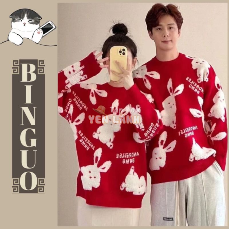 Áo sweater len dệt kim form rộng in hình thỏ dễ thương đơn giản ấm thoải mái giáng sinh couple Hàn Quốc