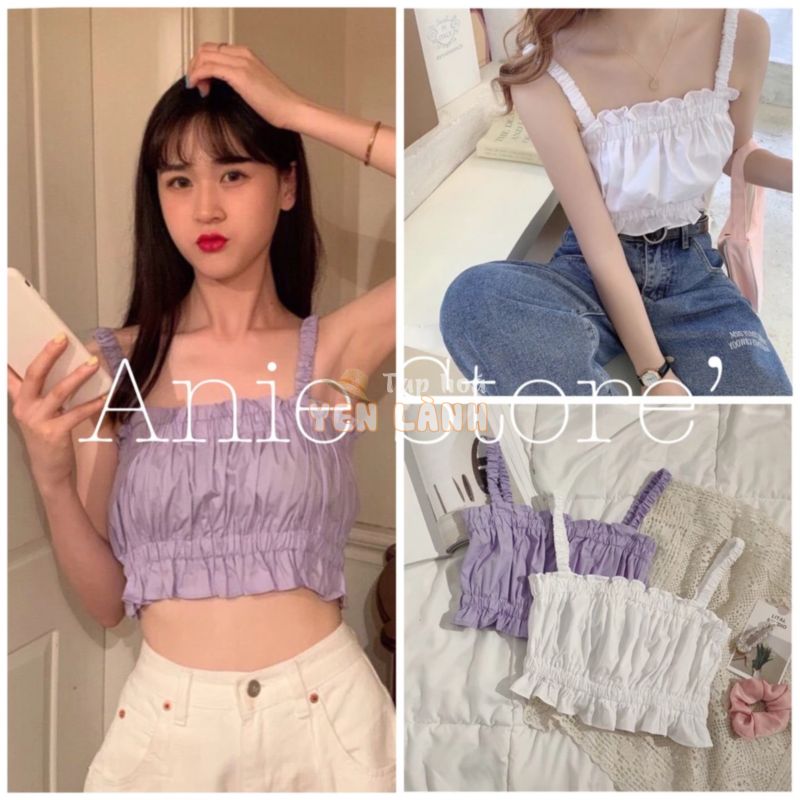 Áo Croptop Nữ 2 Dây Đũi Nhúm Ngực   Áo Dây Thun Nữ Viền Bèo 2 Màu