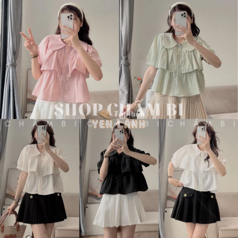 Áo sơ mi nữ cộc tay A.451, Áo kiểu dáng croptop cổ sen tay bồng nhẹ xếp tầng phong cách bánh bèo – Shop Chấm Bi