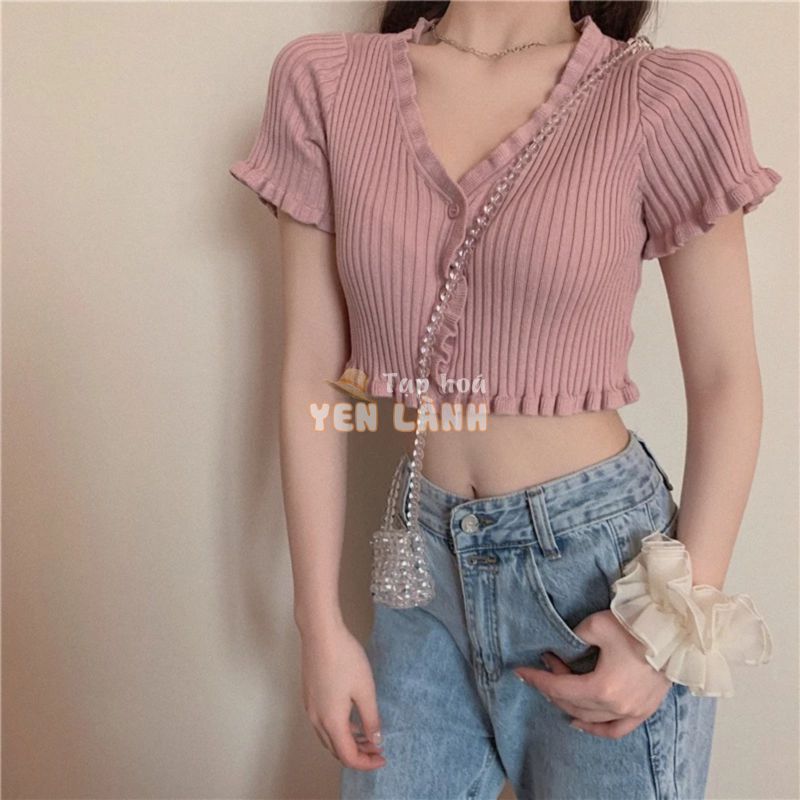 Áo Croptop Dệt Kim Tay Ngắn Cổ Chữ V Phối Nút Thiết Kế Nữ Tính