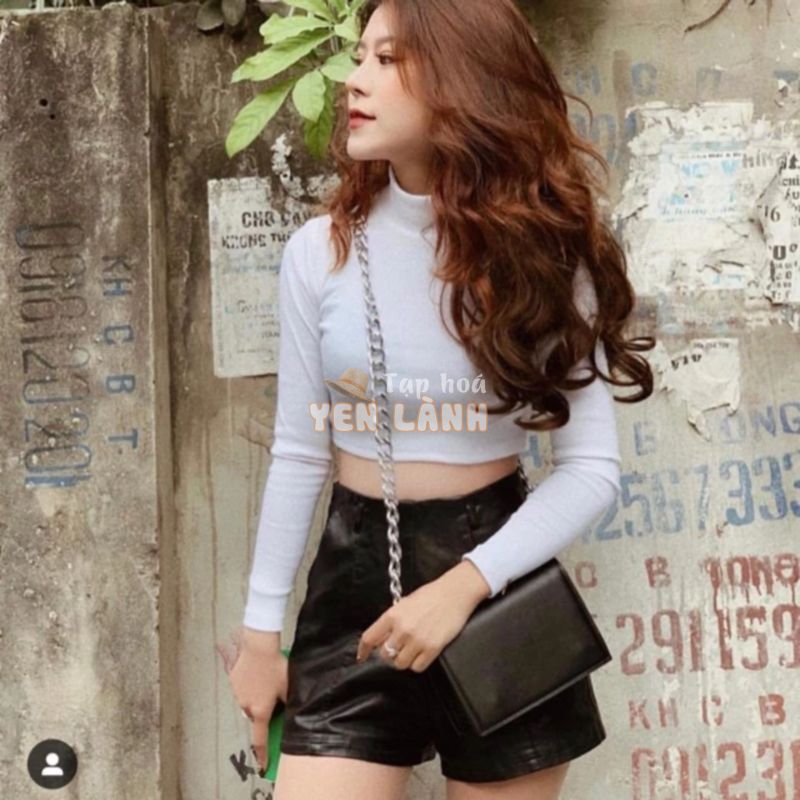 Áo Croptop cổ lọ cao 3p tay dài chất thun mịn – By SugarGalz