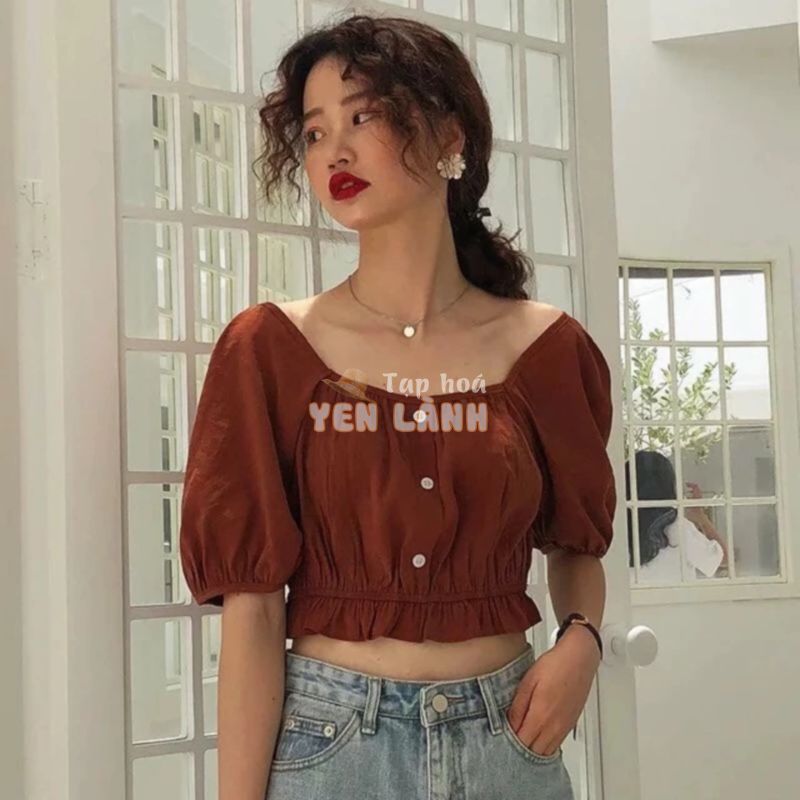 Áo croptop cổ vuông vintage cúc ngực