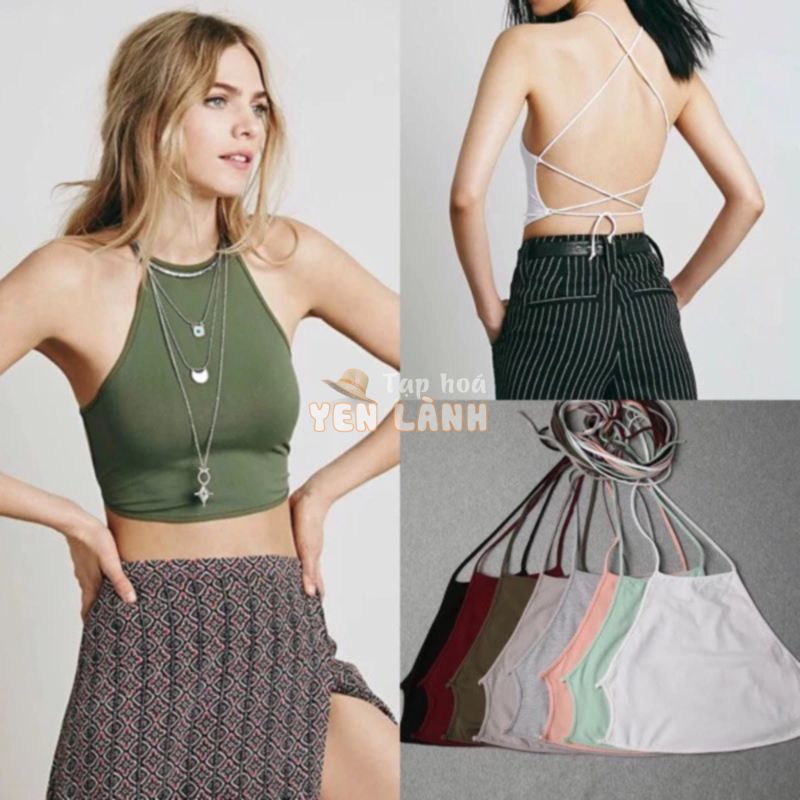 [NGODT1120 – giảm thêm 15k]  Áo croptop cổ yếm cột dây EMMIE