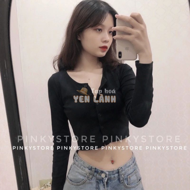 Áo tay dài cúc dọc màu đen PINKYSTORE