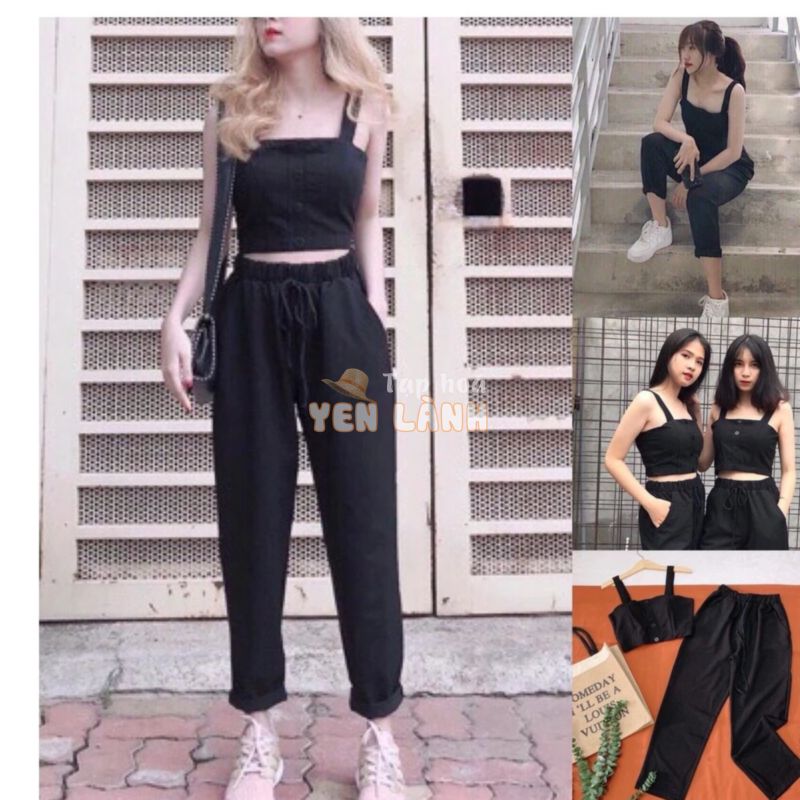 SET ÁO CROPTOP THIẾT KẾ 2 DÂY MIX QUẦN BAGGY HOT