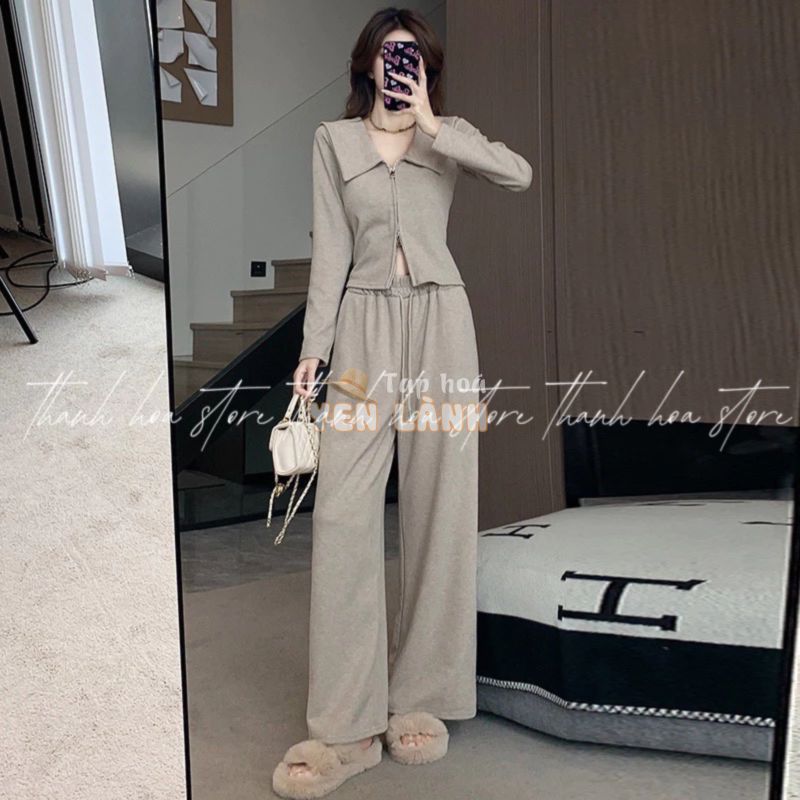 HOT Sét Bộ Áo Khoác cardigan Len Quảng Châu Dáng Áo Croptop Quần Ống Rộng Thời Trang Mùa Thu Đông Cho Nữ