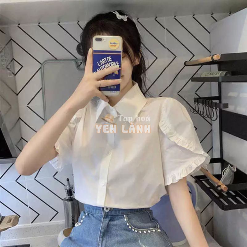 Áo sơ mi cho nữ màu trắng kiểu croptop có cổ tay bồng phong cách tiểu thư