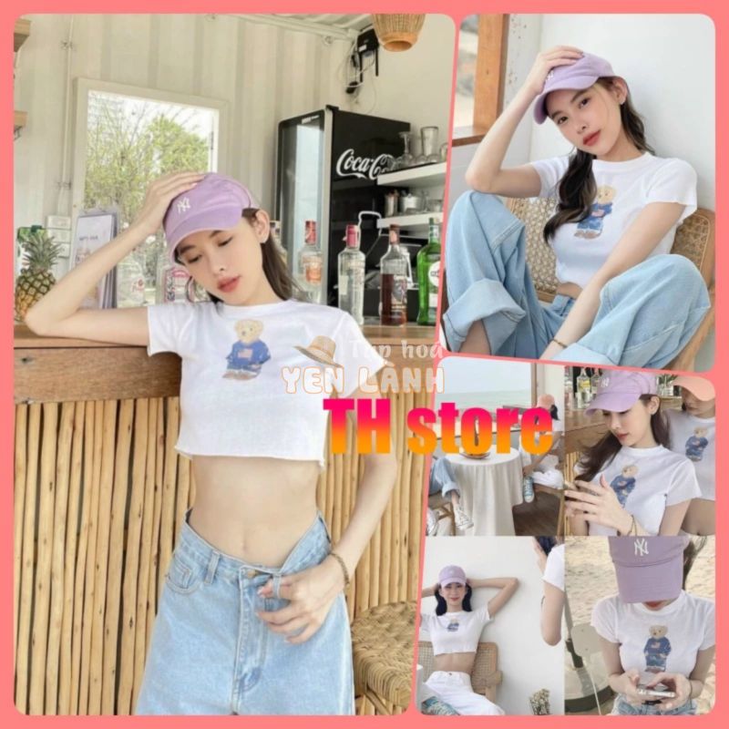 Áo croptop nữ, croptop ôm màu trắng tay ngắn hình gấu phía trước