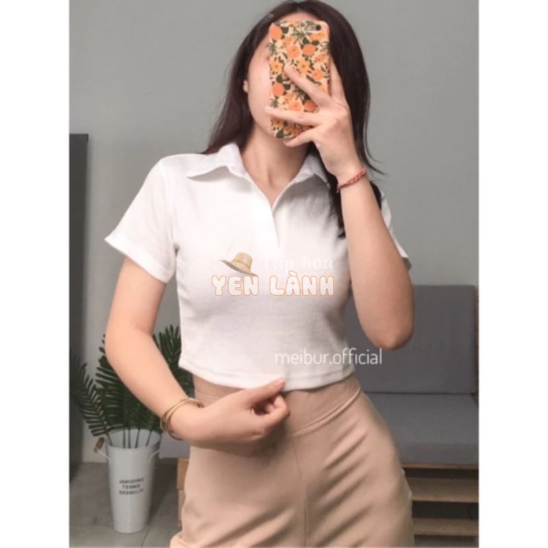 Áo thun croptop có cổ polo ôm body ulzzang sơmi tay ngắn trắng đen