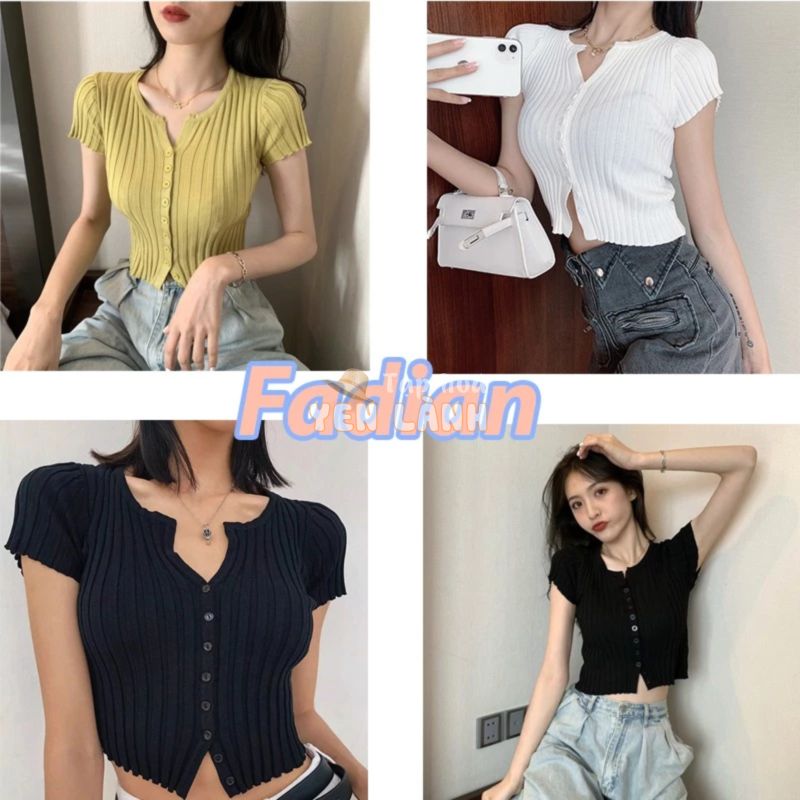 Áo Croptop tay ngắn dáng ôm body phong cách Ulzzang cổ tim chất len tăm phối nút nhiều màu thời trang