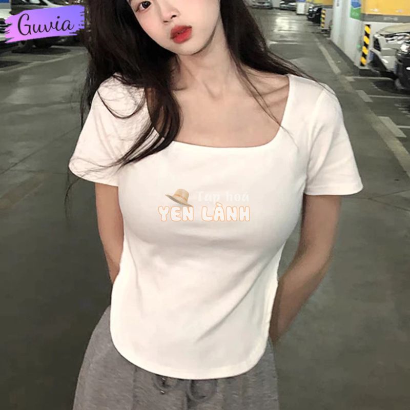 Áo Croptop Nữ Tay Ngắn Cổ Vuông Vạt Bầu Ôm Body, Áo Thun Croptop Kiểu Sexy Chất Thun Gân GUVIA CR183