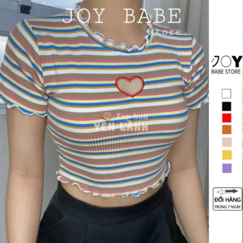 Áo croptop kiểu sọc ngang khoét tim JOY BABE form ôm  thun gân xịn co giãn áo crop top kieu tay ngắn CRON 36 SALE -C