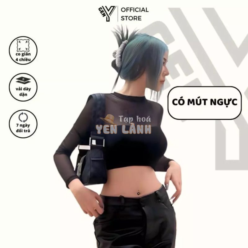 Áo croptop nữ GenY tay dài phối lưới có mút ngực Áo kiểu nữ ôm body tay lưới sexy cực chiến ADT33