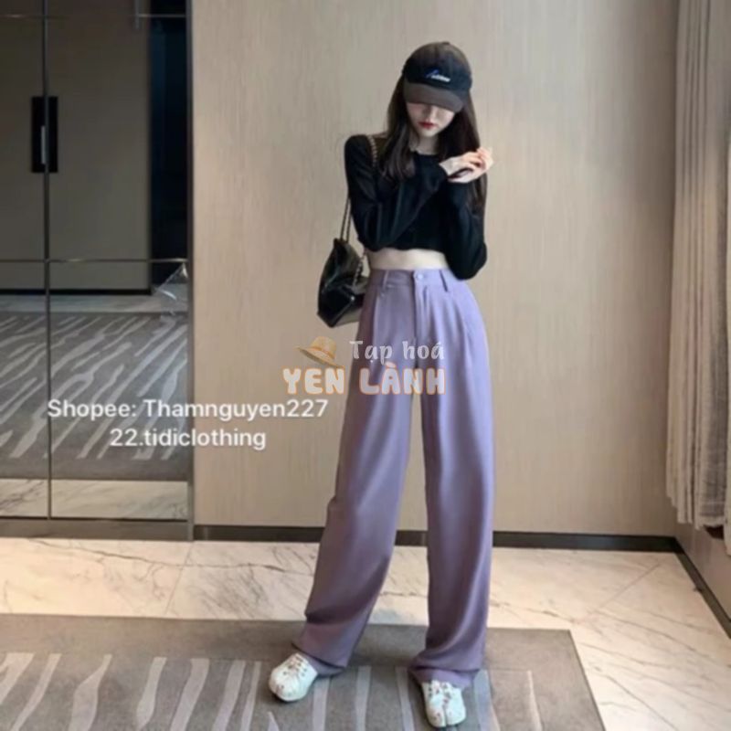 [ Sẵn + ảnh thật ] Set áo thun croptop đen và quần ống suông tím ulzzang / quần ống rộng lưng cao culottes