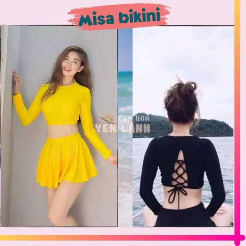 Đồ bơi nữ kín đáo đồ bơi tay dài áo croptop dây rút đan lưng váy xèo cạp cao quần đùi bên trong che bụng Ms23