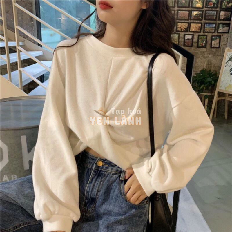 [RẺ VÔ CỰC] Áo Croptop Nỉ Xoắn Eo Dài Tay Basic – Áo Sweater Tay Dài Xoắn Eo