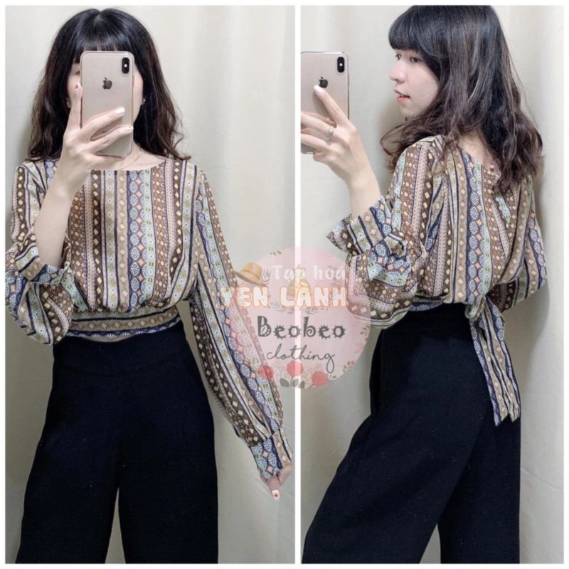 [Ảnh thật] Áo croptop thổ cẩm tay phồng thắt nơ lưng ulzzang