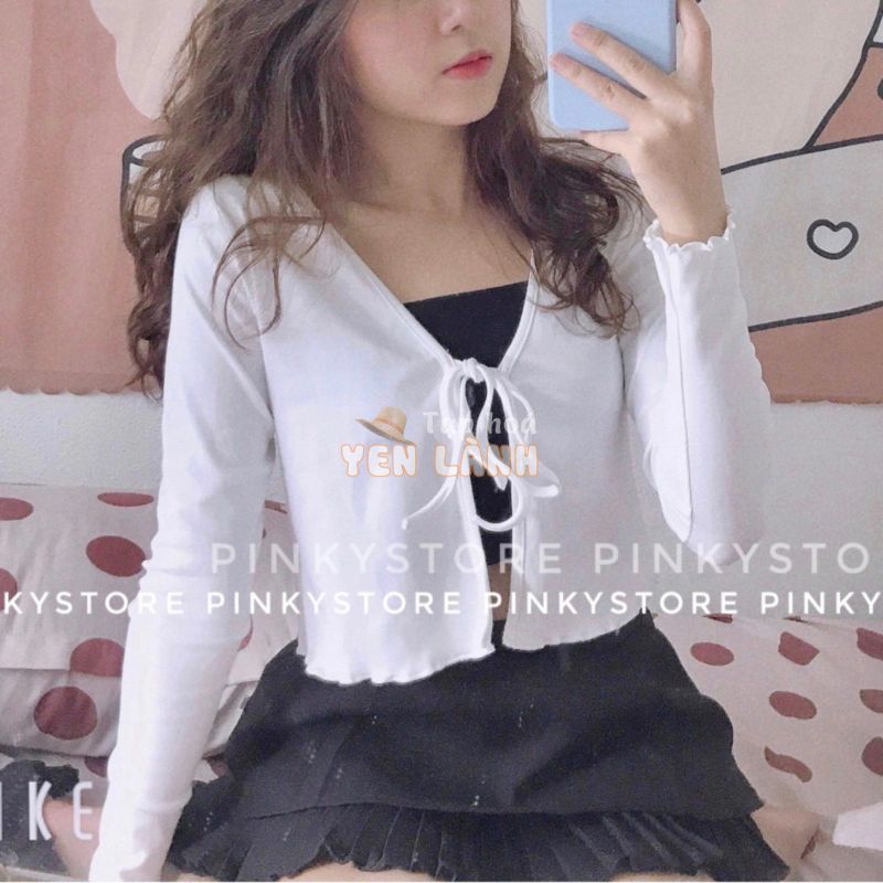 (Chưa kèm áo trong) Áo croptop tay dài cột nơ PINKYSTORE