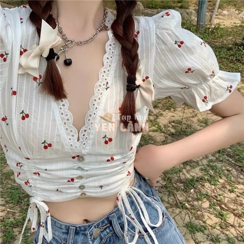 [HOT+ ẢNH THẬT] ÁO VIỀN REN IN CHERRY CHẤT VẢI XÔ ĐẸP – ÁO CROPTOP NỮ ÔM BODY TAY NGẮN CHIZISHOP CRT71