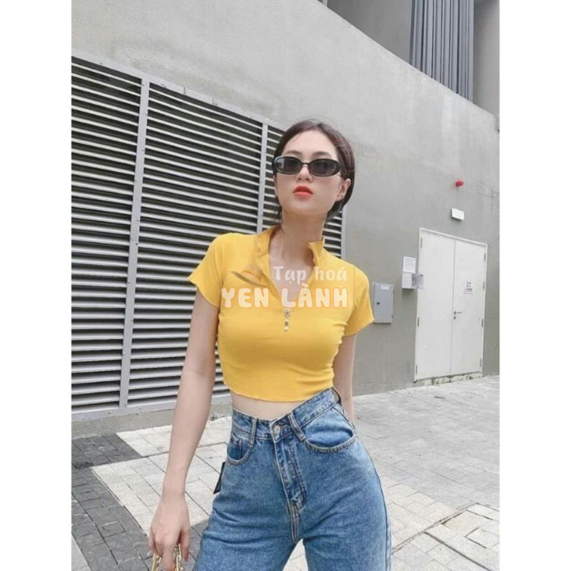 Áo croptop vàng cổ cao khóa kéo, áo thun croptop dây kéo màu vàng