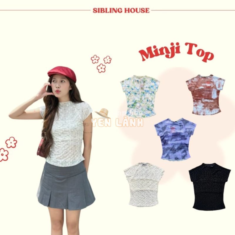 [Hoả tốc HCM] Áo croptop form ôm cổ tròn tay ngắn nhún chất thun vải dạng voan họa tiết hoa Minji Top  – Siblinghouse