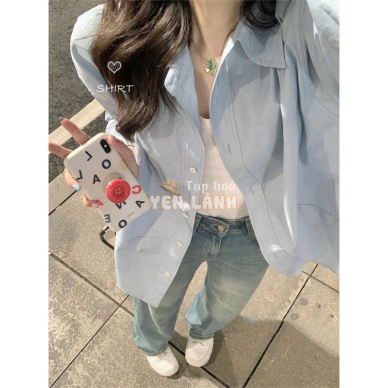 Áo Khoác Sơ Mi cardigan Tay Dài Dáng Rộng Màu Xanh Dương Thời Trang Mùa Thu Cho Nữ croptop bigsize tay dài