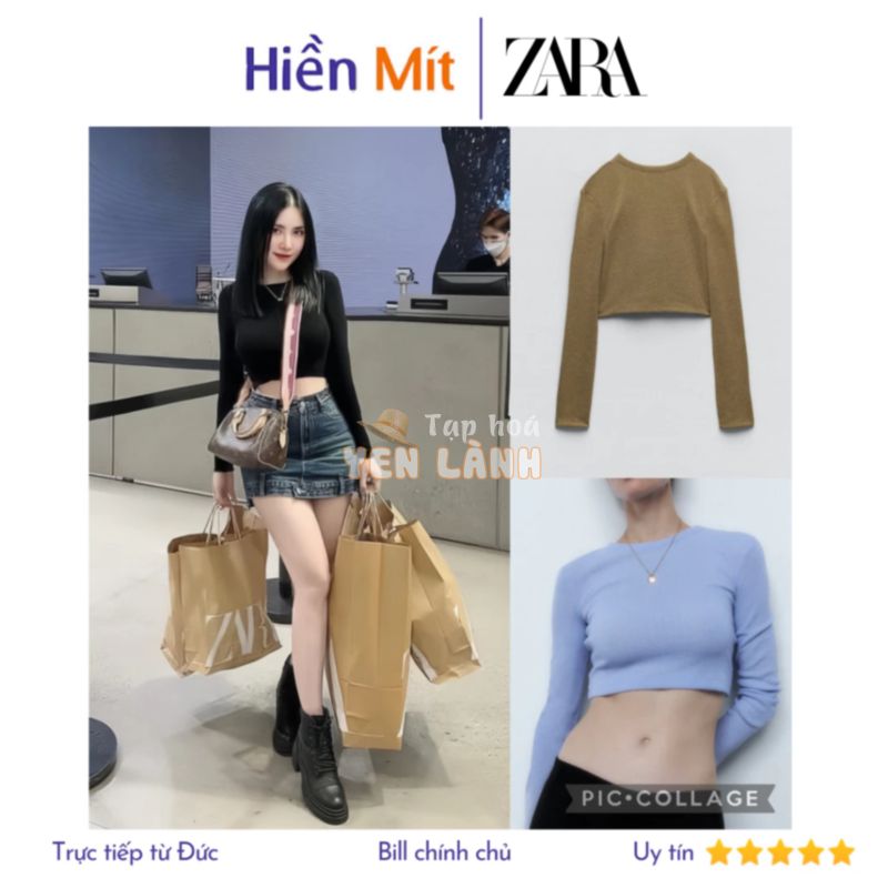 ZARA Đức – Áo thun croptop cổ tròn tay dài basic màu đen xanh dương xanh rêu sale auth new tag cao cấp có sẵn 5584/458