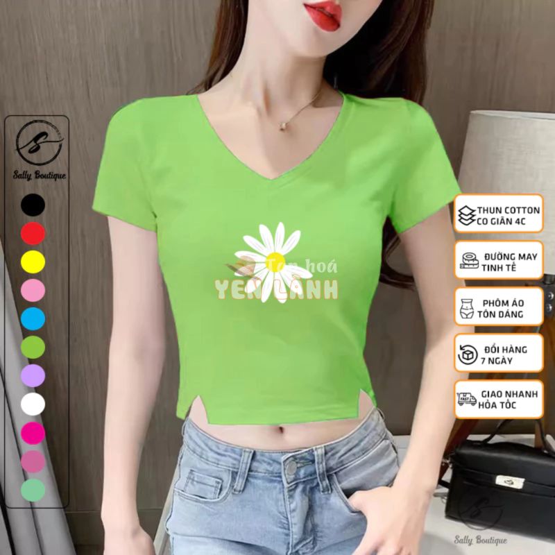 Áo Croptop Cổ Tim Xẻ V Thời Trang Hình Hoa Cúc Dễ Thương 11 Màu Chất Thun Cotton Co Giãn 4C Mềm Mịn Mặc Mát -CRT018