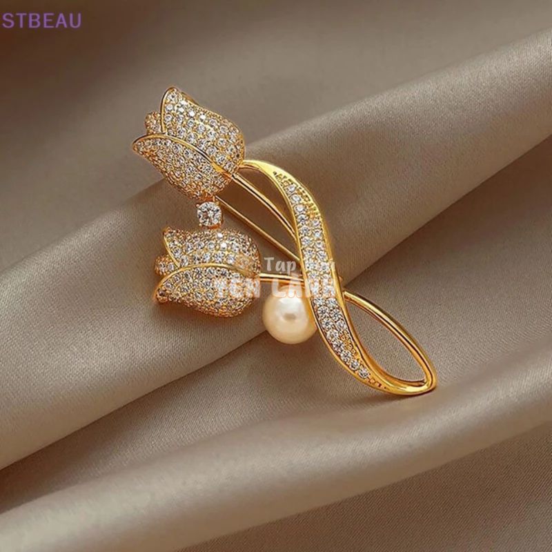 [Cxstbeau] Giả Ngọc Trai Trâm Cài Hoa Tulip Cho Phụ Nữ Thanh Lịch Rhinestone Bó Hoa Ghim Ve Áo Tiệc Cưới Huy Hiệu Trang Sức Quà Tặng Mme