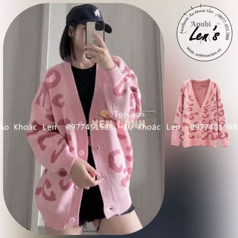 Áo khoác len cardigan nữ hoạ tiết da beo hồng, áo cardigan nữ