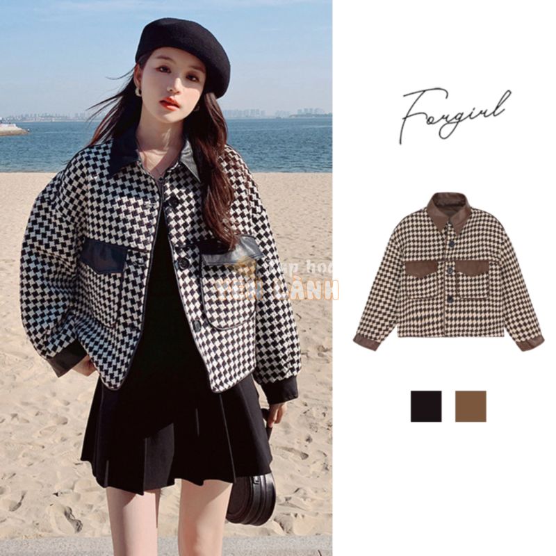 Áo khoác dạ tweed Forgirl kẻ caro phối da mặc hằng ngày, đi làm, đi chơi FG007