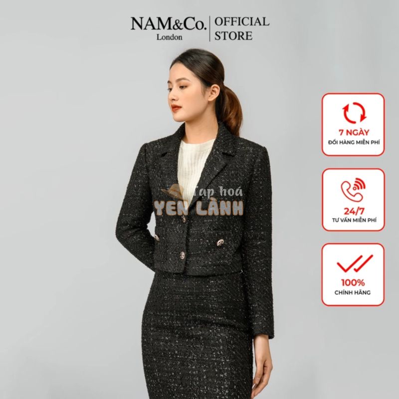 Áo khoác dạ tweed nữ Namandco công sở 2 lớp cổ vest dáng ngắn cao cấp thanh lịch size S M L màu đen NJ0083