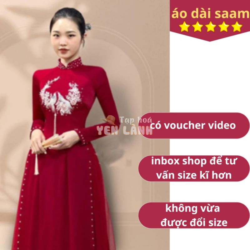 áo dài cặp áo dâu rể lạc tiên thêu tỉ mỉ màu đỏ đô (kèm mấn) -Aó dài Saam