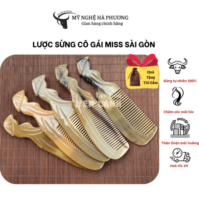 [ Tặng Túi Gấm] Lược sừng cô gái áo dài Việt Nam (Size: XL-19cm) quà tặng chăm sóc tóc | Mỹ nghệ Hà Phương