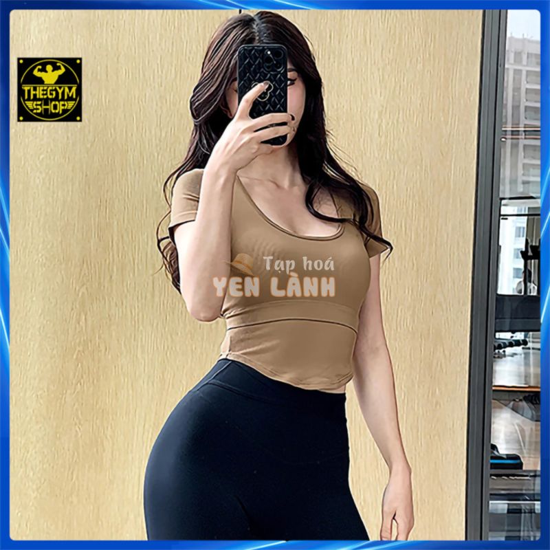 Áo tập gym yoga aerobic AMIN AM070 dáng croptop có mút ngực cao cấp, ôm body vạt áo dài che eo