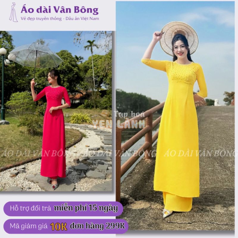 Áo dài lụa mỹ 2 tà may sẵn đính kết hạt ngọc, đủ size từ 40 đến 72 cân, áo dài che khuyết điểm không lộ bụng – D