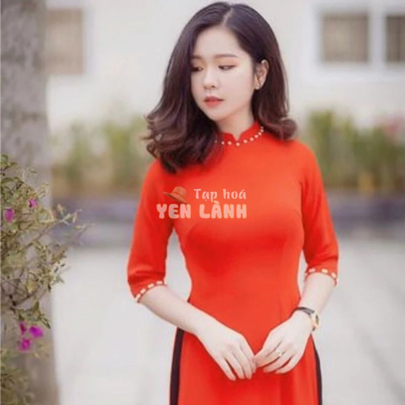 [Thanh lý]Áo dài màu cam đỏ lụa Nhật kèm quần