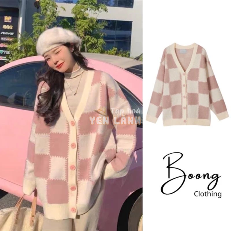 Áo khoác cardigan kẻ ô to form rộng chùm mông , áo len nữ dáng dài chất len dệt cao cấp freesize