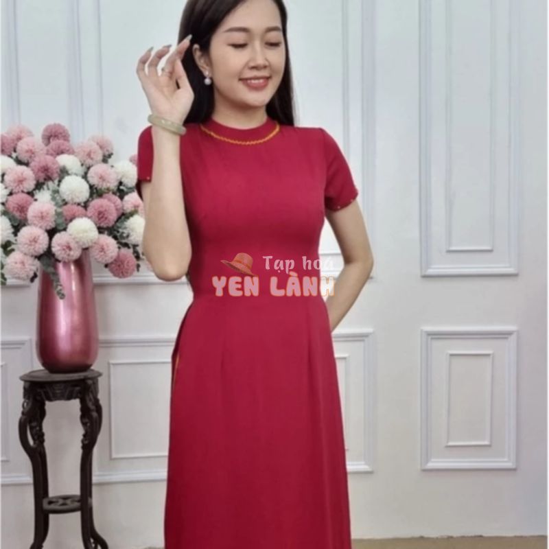 A1170 áo dài lụa mỹ đỏ đô cổ tàu tay ngắn (KHÔNG GỒM QUẦN)