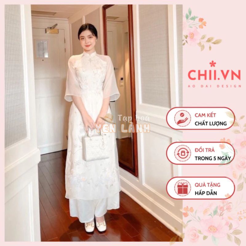 Áo Dài Câch Tân Tơ Organza Dáng Tiểu Thư Đính Hạt Cao Cấp