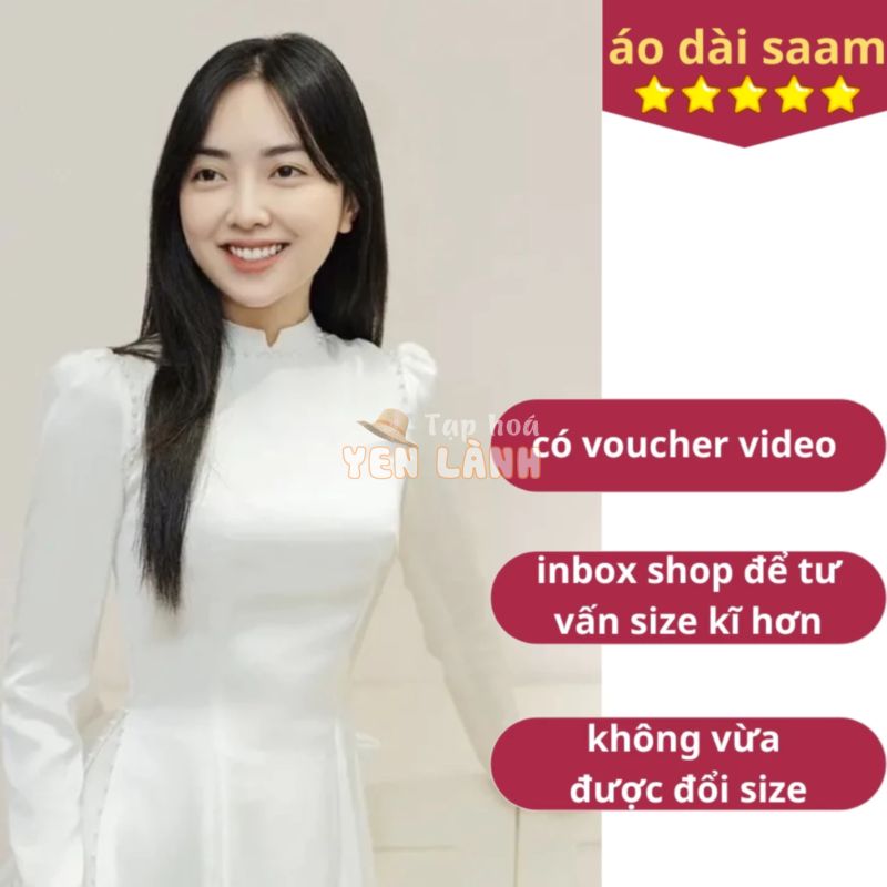 Áo dài cô dâu trắng, áo dài saam 2 tà vai bồng may sẵn cổ V chất liệu lụa đính hạt cao cấp