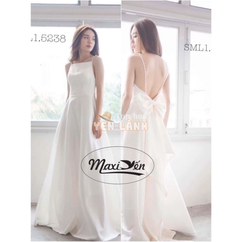 Đầm Dạ Hội Maxi Phi Trắng Hai Dây Nơ Lưng Tà Dài Sang Trọng Đầm Dự Tiệc DH5238001 MAXI YẾN