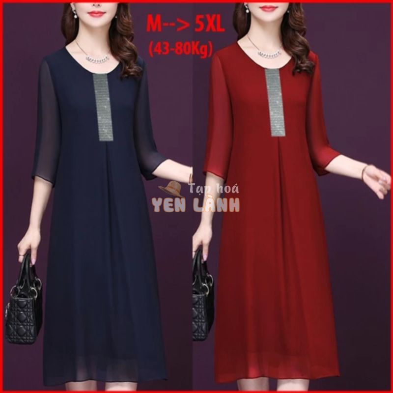 BIGSIZE 5XL – Đầm Dự Tiệc Trung Niên Cao Cấp Tay Lỡ Vải Voan 2 Lớp Dáng suông Dài Chữ A Eo Rộng Giấu Bụng 3112